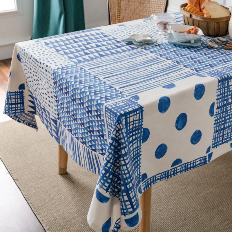 Geometric Blue Patchwork Cotton-Linen Tablecloth