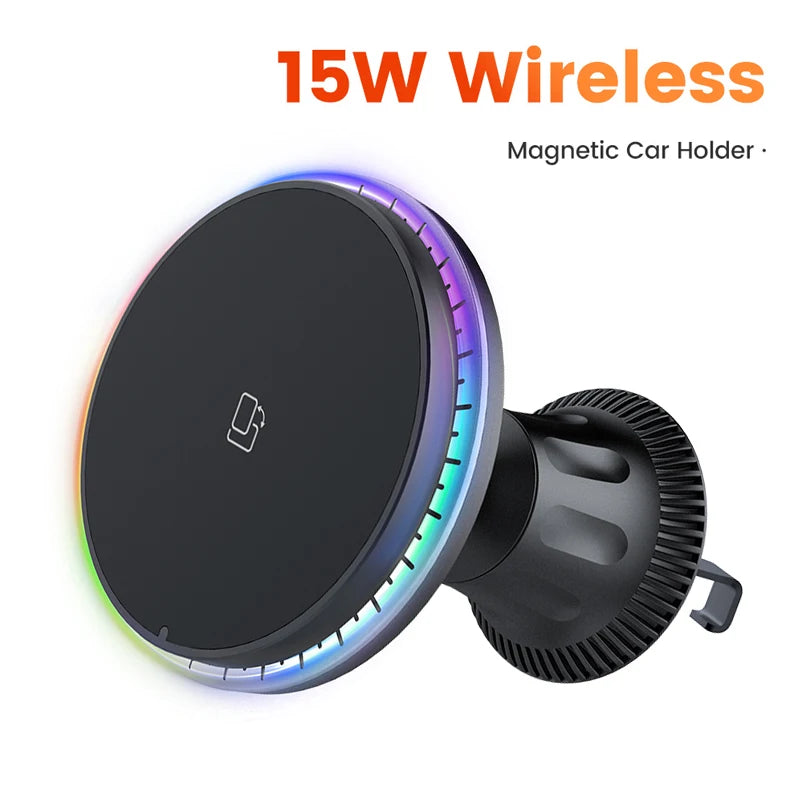 15W Strong Magnetic Car Wireless Charger with RGB Light for iPhone Car Phone Holder Air Vent Stand Fast Charging Dock Station