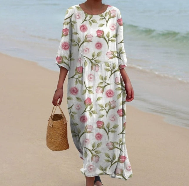 Round-neck Long Printed Casual Fashion Ladies Dress