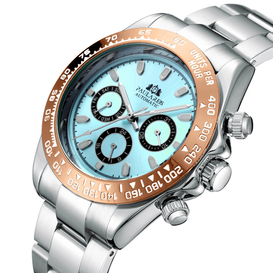 PAULAREIS Automatic Mechanical Multi-Function Strong Luminous Ice Blue Steel Belt Men's Watch