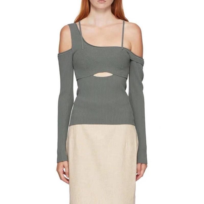 Asymmetrical Full-Sleeve Square Knit Elastic Backless Top