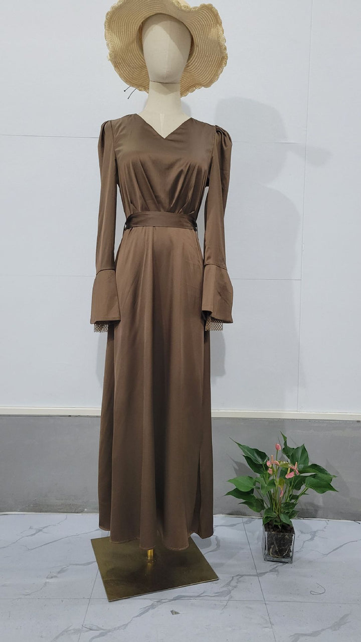 Retro V-neck Puff Sleeve Long Tie Waist-controlled Long Sleeves Dress