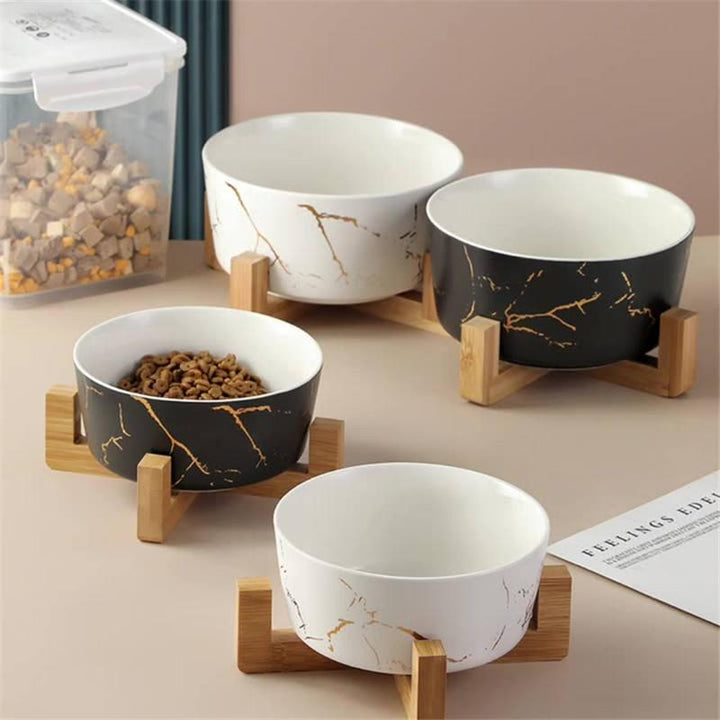 Elegant Marble Pet Bowl with Bamboo Stand