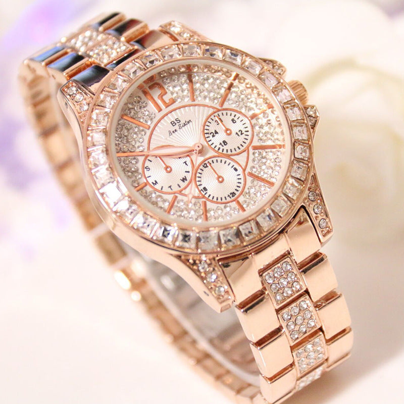 Three Eyes Full Diamond Crystal Large Dial Waterproof Quartz