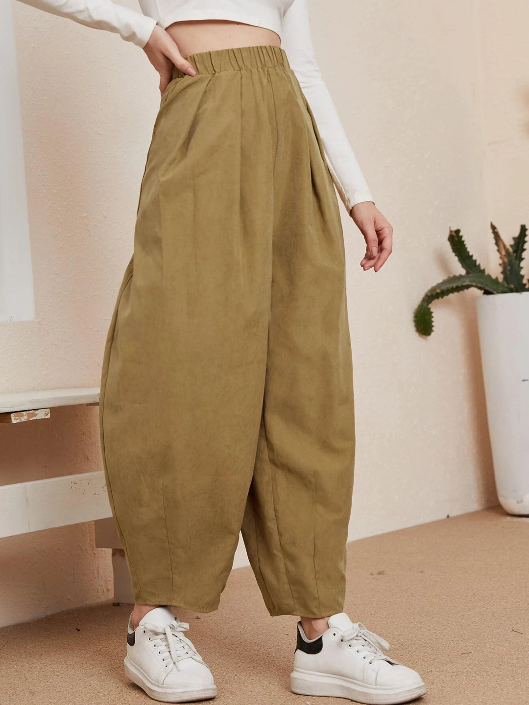 High-Waist Cotton Casual Trousers with Pockets - Loose Fit Autumn Pants