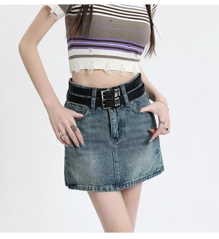 Chic High Waist Denim Mini Skirt with Belt