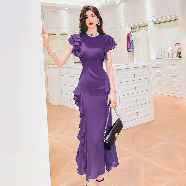 Women's Ruffled Waist Slimming Sheath Long Dress