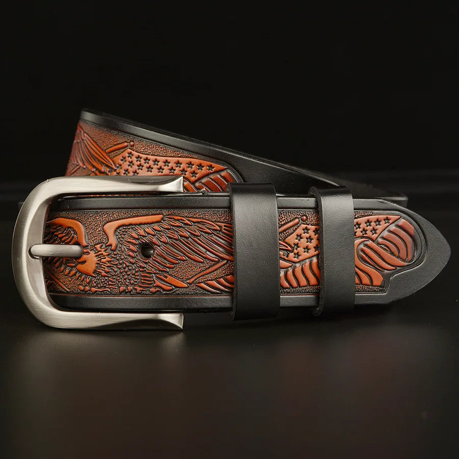 Men's Retro Cowhide Leather Belt with Eagle Carving