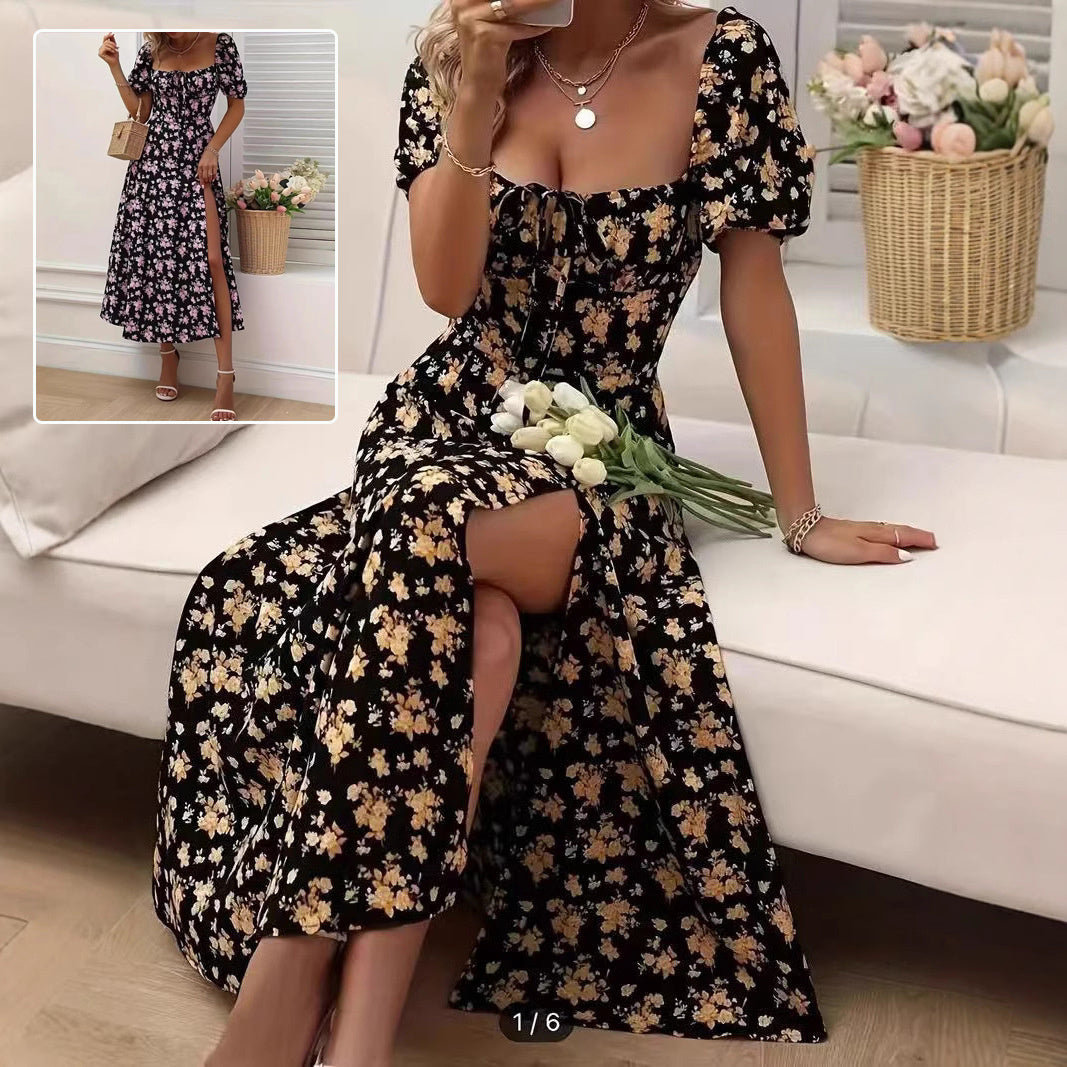 Floral Print Short Sleeve Split Dress Summer Fashion Lace-up Beach Long Dresses Women's Clothing