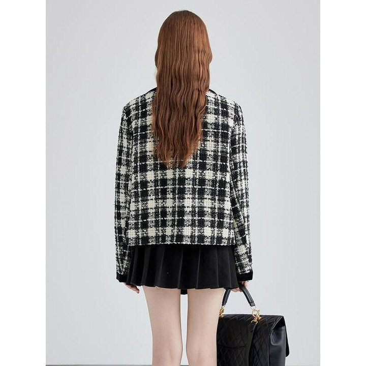 Chic Plaid Contrast Woolen Women's Short Jacket