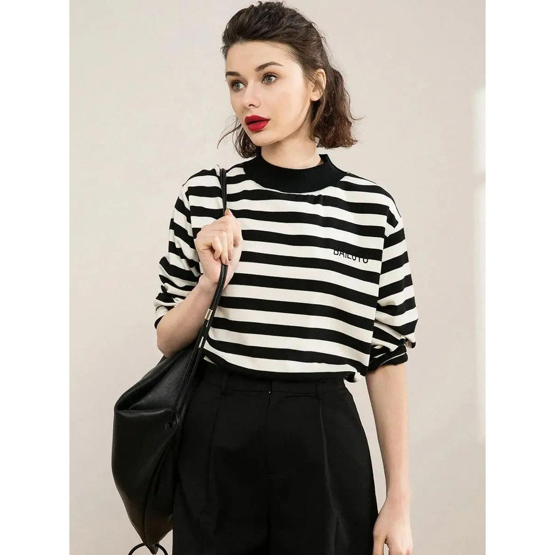 Half High Collar Stripe Long Sleeve T-Shirt