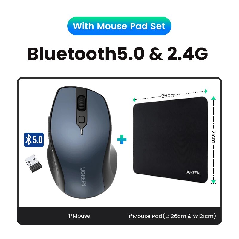 Wireless Bluetooth 5.0 & 2.4G Ergonomic Mouse - 4000DPI, 6 Silent Buttons, Dual Mode Connectivity