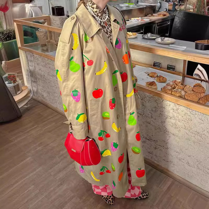 European And American New Elegant Khaki Fruit Printed Lapel Coat