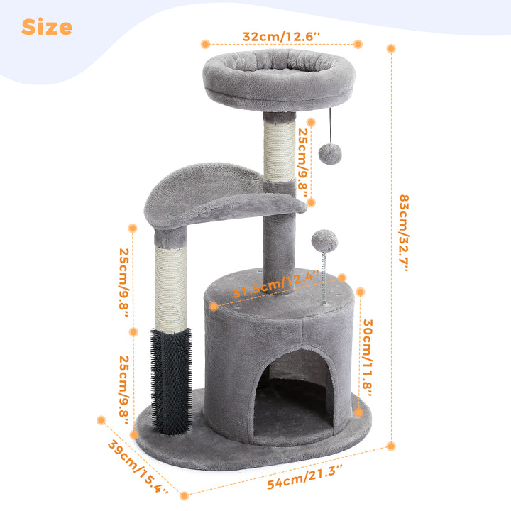 Cat Tree Condo with Self-Grooming Brush & Scratching Post for Active Kittens and Cats