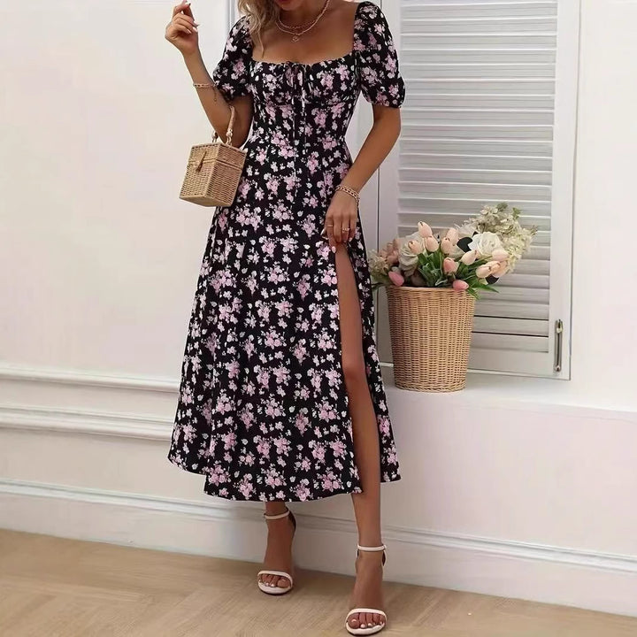 Floral Print Short Sleeve Split Dress Summer Fashion Lace-up Beach Long Dresses Women's Clothing