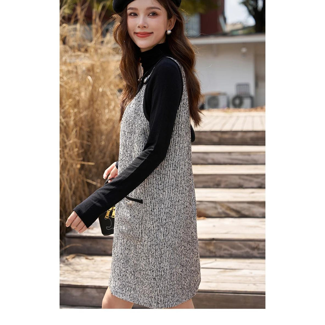 Elegant Women's Knee-Length Tweed Suspender Dress