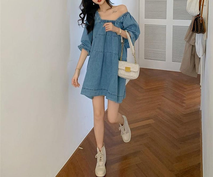 Square-cut Collar And Blue Dress French Girl Loose Skirt Female