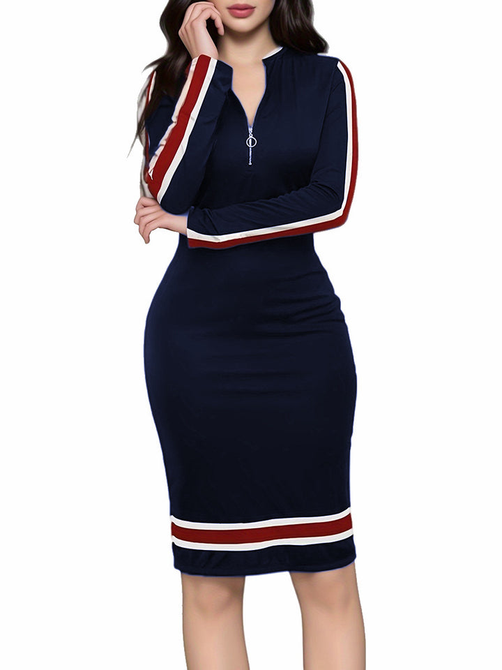 European And American Long Sleeve Zipper Casual Dress Women