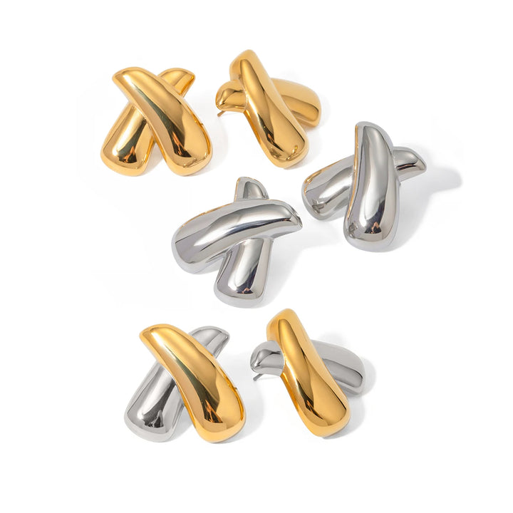 18K Gold PVD Plated Chubby X Shaped Stainless Steel Stud Earrings