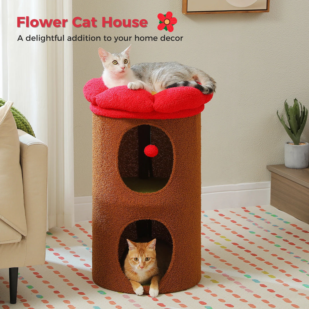 Cozy Flower Cat House with Pompom Ball - Double-Deck Cat Condo