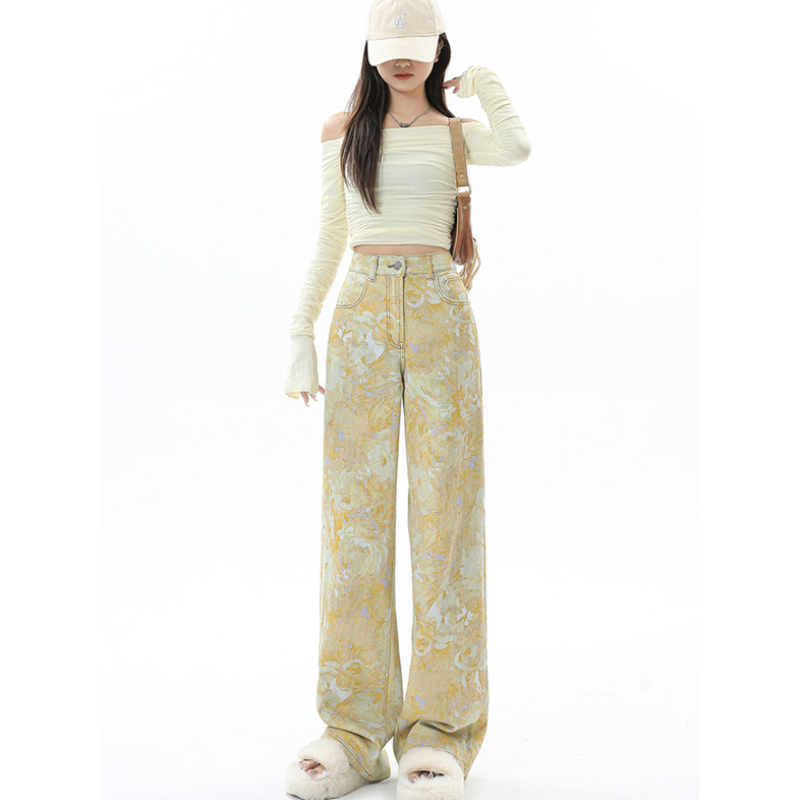 Women's Yellow Wide Leg Cargo Jeans