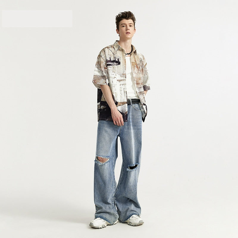 Retro Style Personality Men's Wear Ripped Washed Wide-leg Jeans