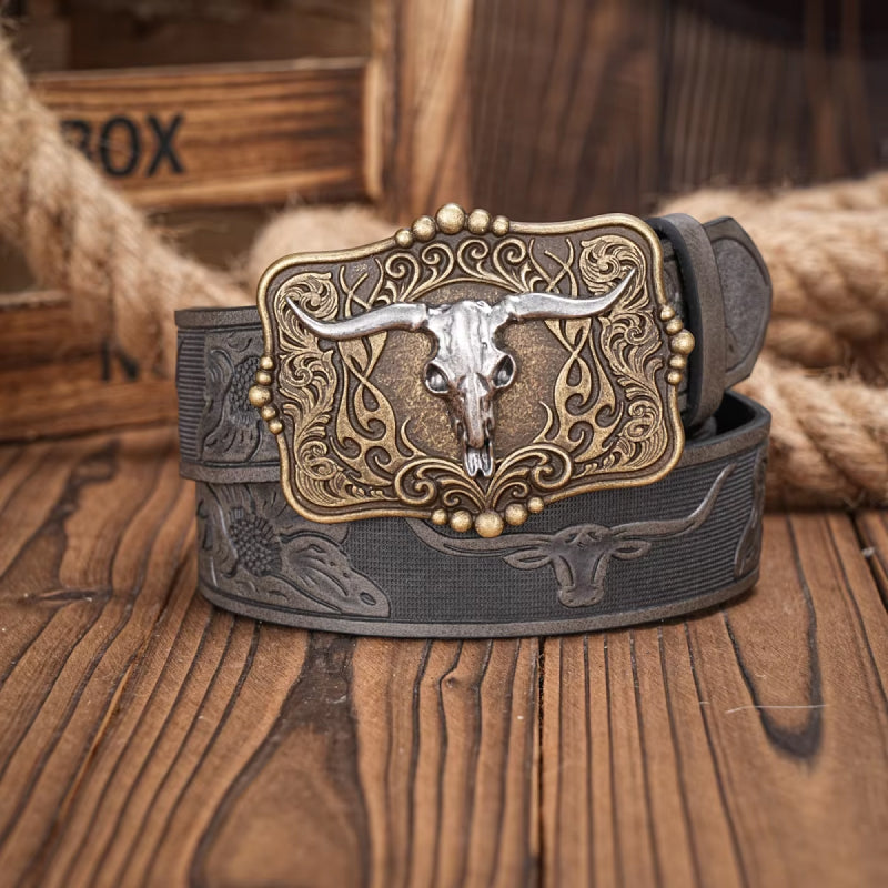 Western Cowboy PU Leather Belt with Bull Decoration and Floral Engraving