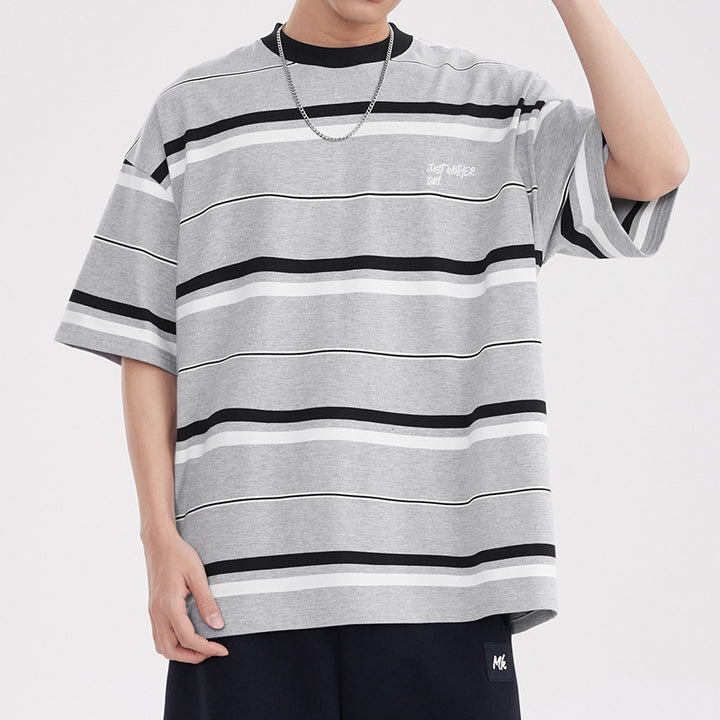 Vintage Stripe Round Neck T-shirt Men's Loose Preppy Style Couple All-match Fashion Half Sleeve Shirt