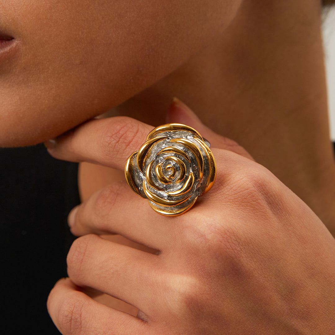 Stainless Steel 18K Gold Plated Geometric Flower Ring