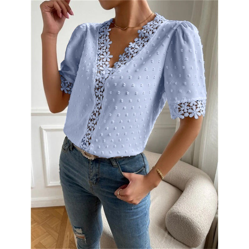 Floral Lace Short Sleeve Shirt Summer Fashion V-Neck Tops Women's Clothing