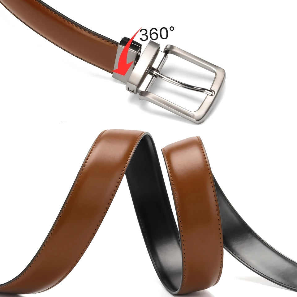 Men's Reversible Genuine Leather Belt with Rotated Buckle – Stylish Cowskin Dress Belt