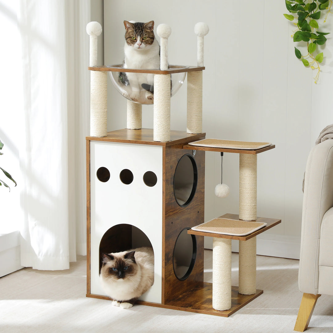 Modern Wooden Cat Tree Tower with 2-Floor Condo, Scratching Posts