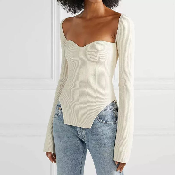 Elegant White Side Split Knit Sweater with Square Collar