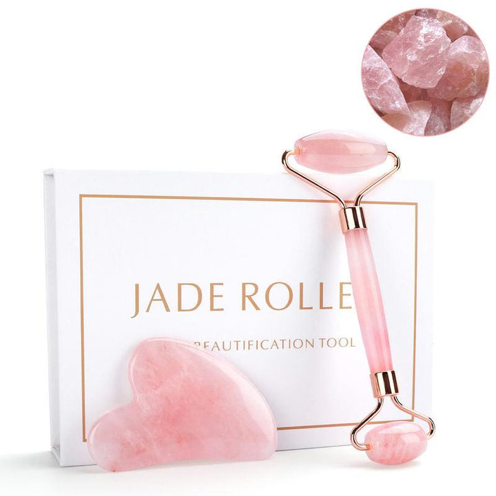 Natural Rose Quartz Jade Roller & Gua Sha Set