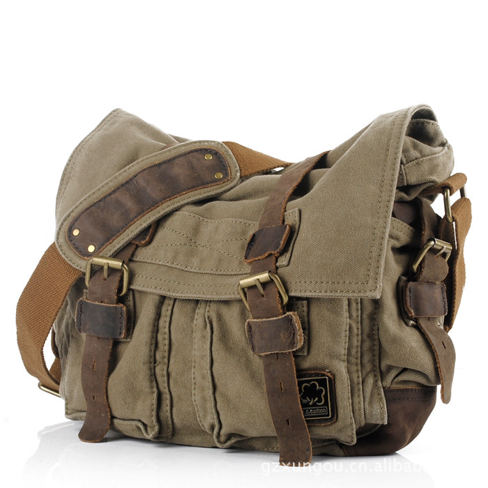 Men Casual Canvas Cowhide Big Crossbody Shoulder Bag