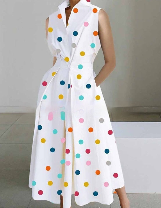 Stand-up Collar Cinched Pocket Printing Mid-length Temperament Dress