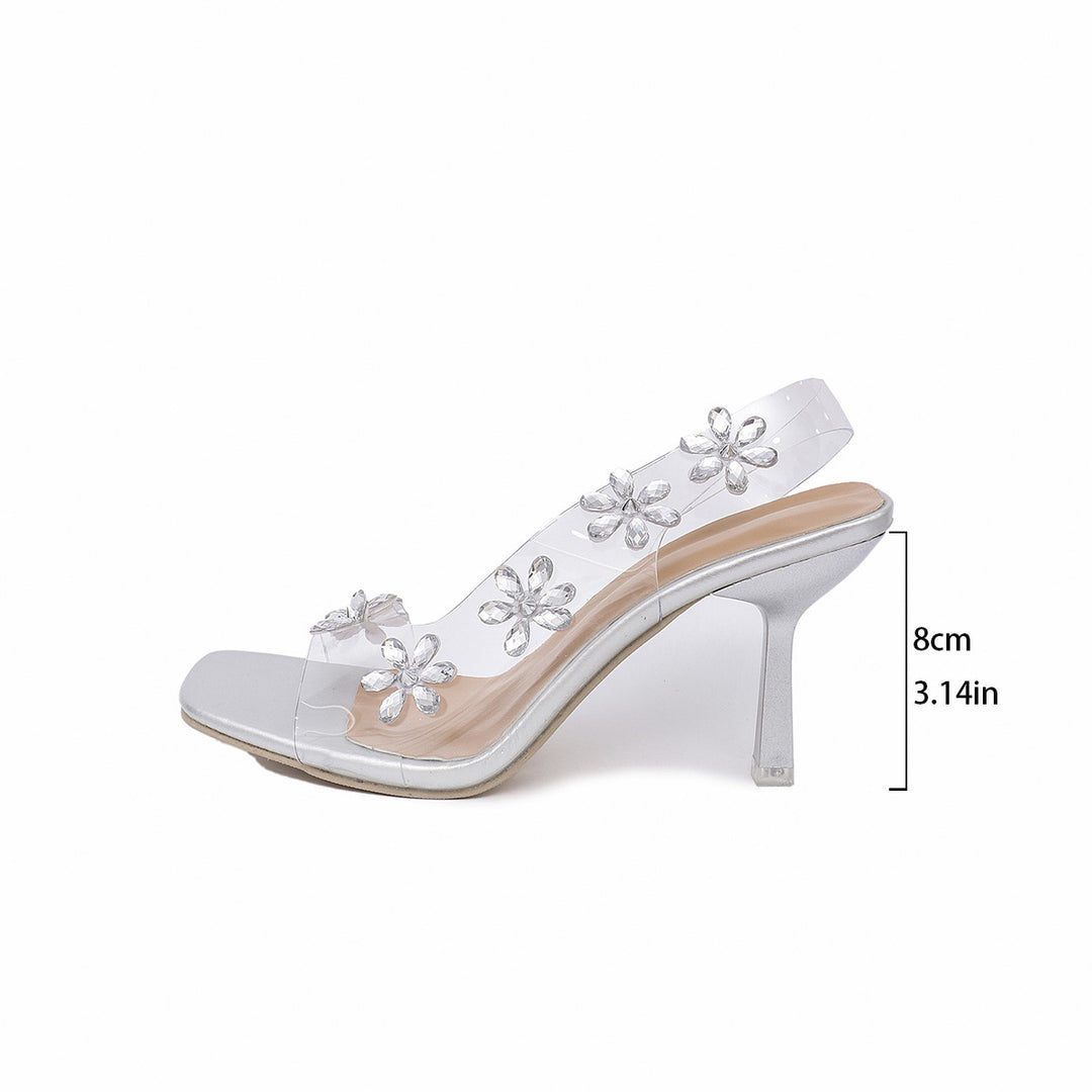 New Sandals For Women Summer Transparent PVC Rhinestone Flowers Slingback Pumps Elegant Square Toe Female Sexy High Heels