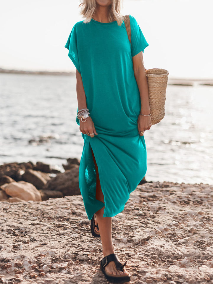 Short Sleeve Split Crew Neck Casual Loose Beach Dress