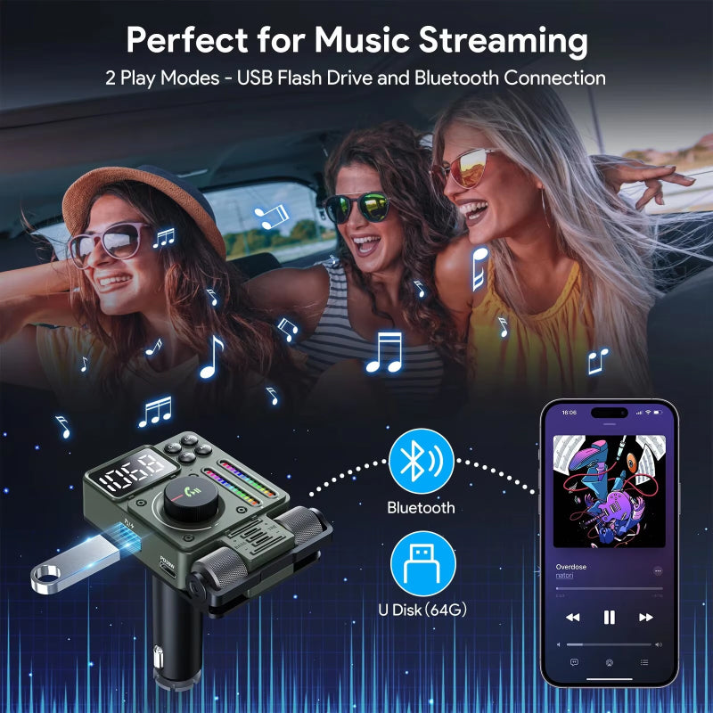 Bluetooth 5.3 FM Transmitter with Adjustable Treble & Bass