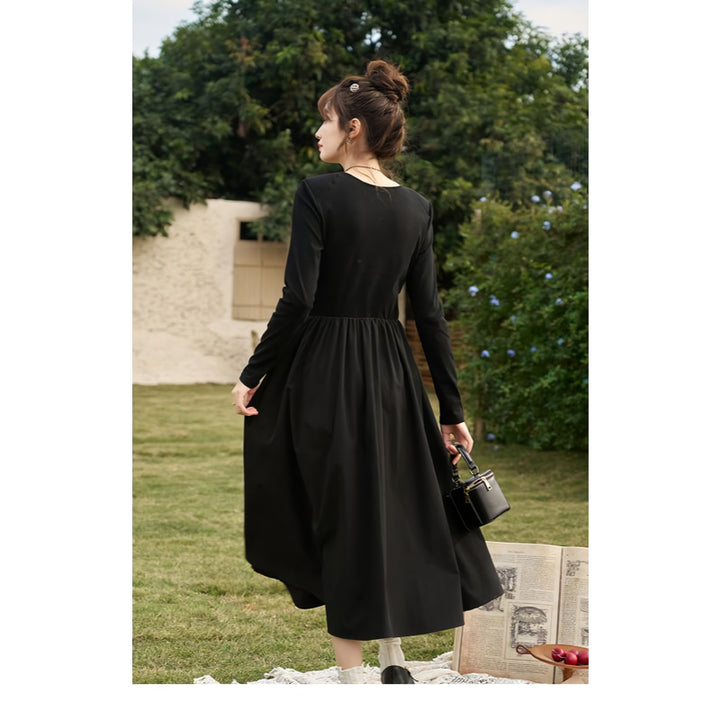 Elegant Black Knitted Smocked V-neck A-line Midi Dress