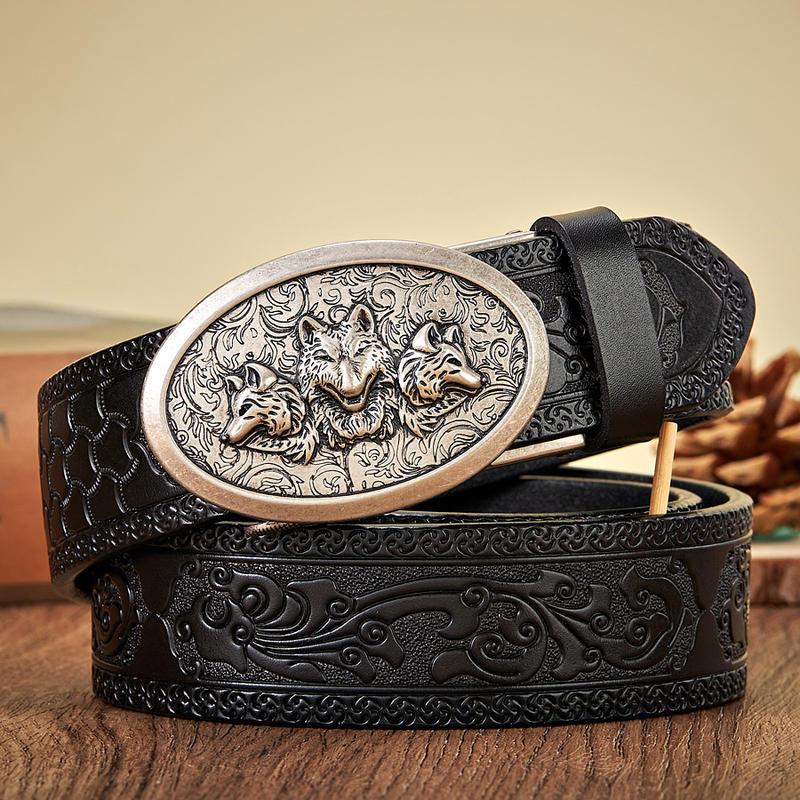 Men's 3.5CM Retro Leather Belt with Automatic Wolf Buckle