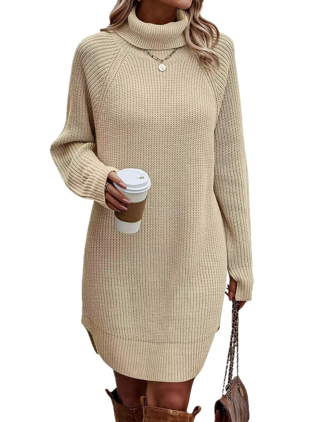 Fashion Slit Pullover High-neck Dress Lady