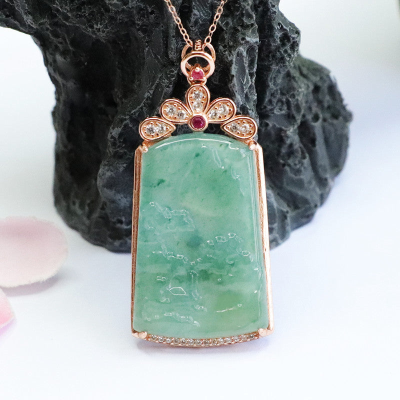 Silver Inlaid Natural Jade Pendant Necklace
