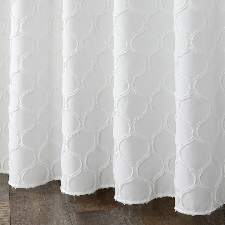 White Boho Shower Curtain with Tufted Pleat Floral Pattern