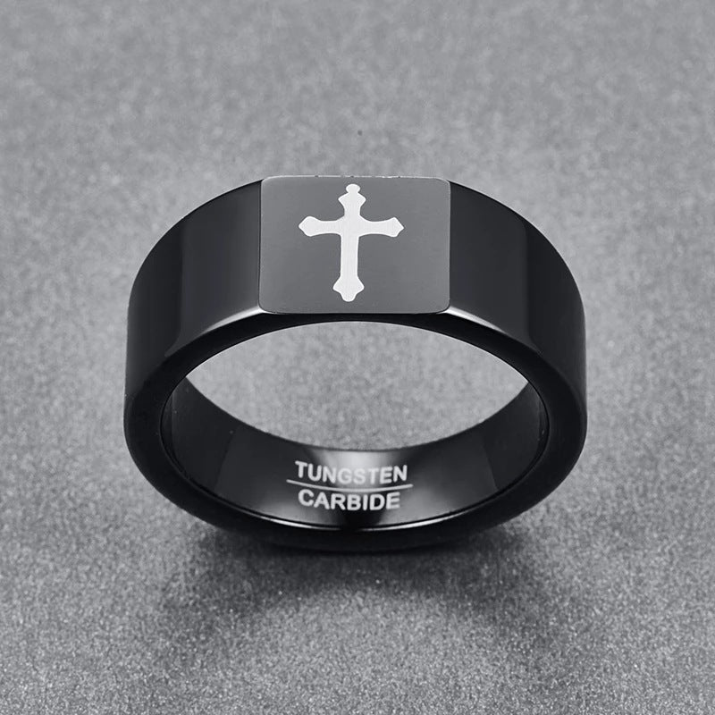 Tungsten Steel Ring Personalized Cut Flower Black Laser