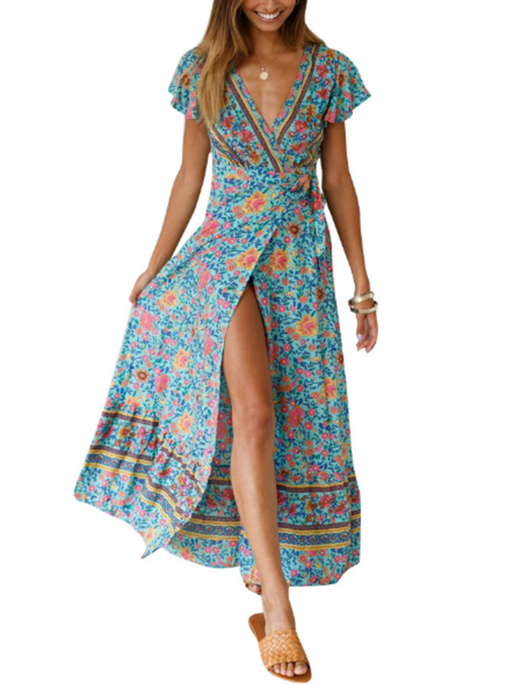 V-neck Split Bohemian Print Dress