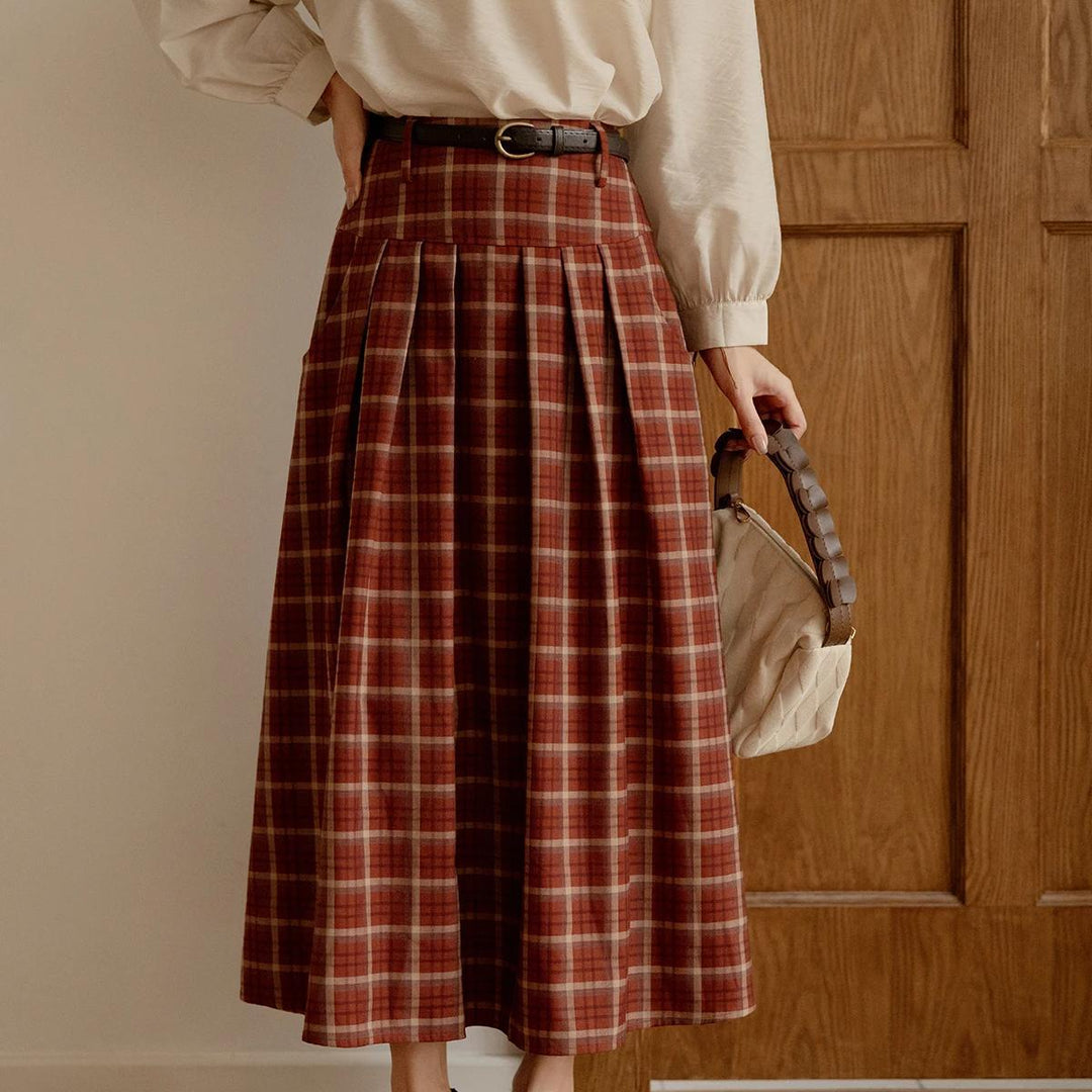 Red Plaid Pleated Midi Skirt for Women