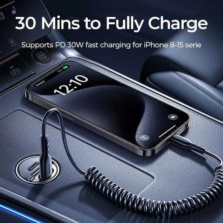 30W Dual Port Car Charger – Fast Charging Type-C USB Mini Adapter with Pull Ring