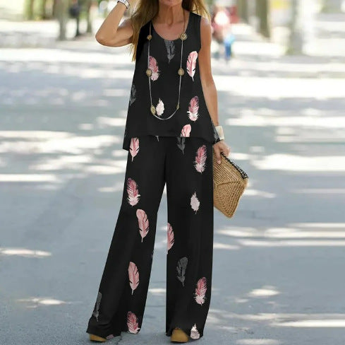 Women's Fashion Printed Casual Vest Trousers Two-piece Suit