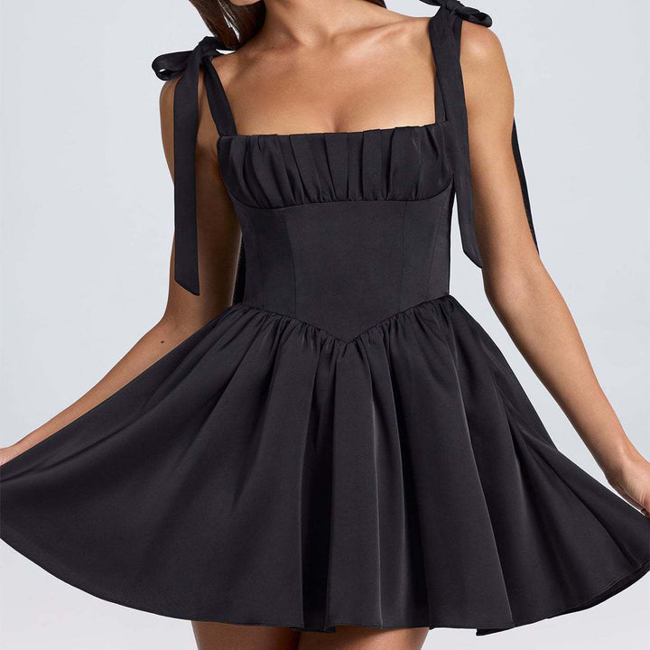 Bow-tied Strap Dress Summer Fashion Backless Square Collar High Waist Short Dress Beach Clothing For Women